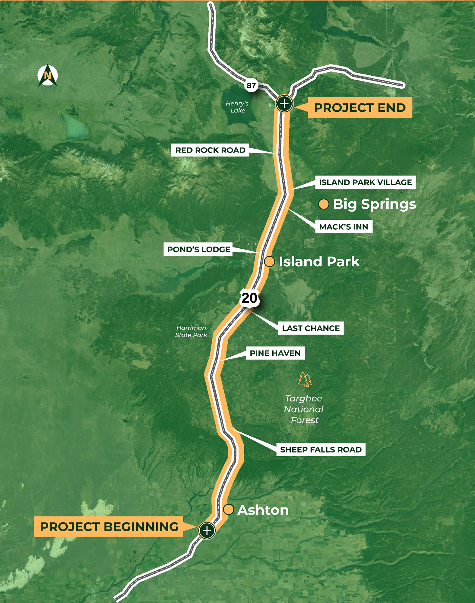 Map of the project area highlighted. Project beginning near Ashton and Ending at SH-87.